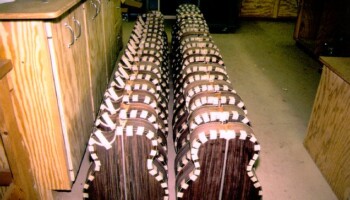 A large group of assembled bodies with back binding being glued in place (held by tape while the glue sets)
