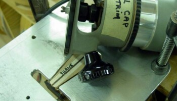When the heel cap is glued on it "hangs over" and needs to be flush trimmed. This router fixture will do that