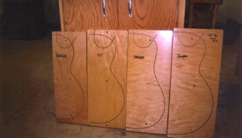 These templates have grooves for determining side lengths for bodies with and without cutaways. Precise side trimming is done later with one of Jim's routing fixtures
